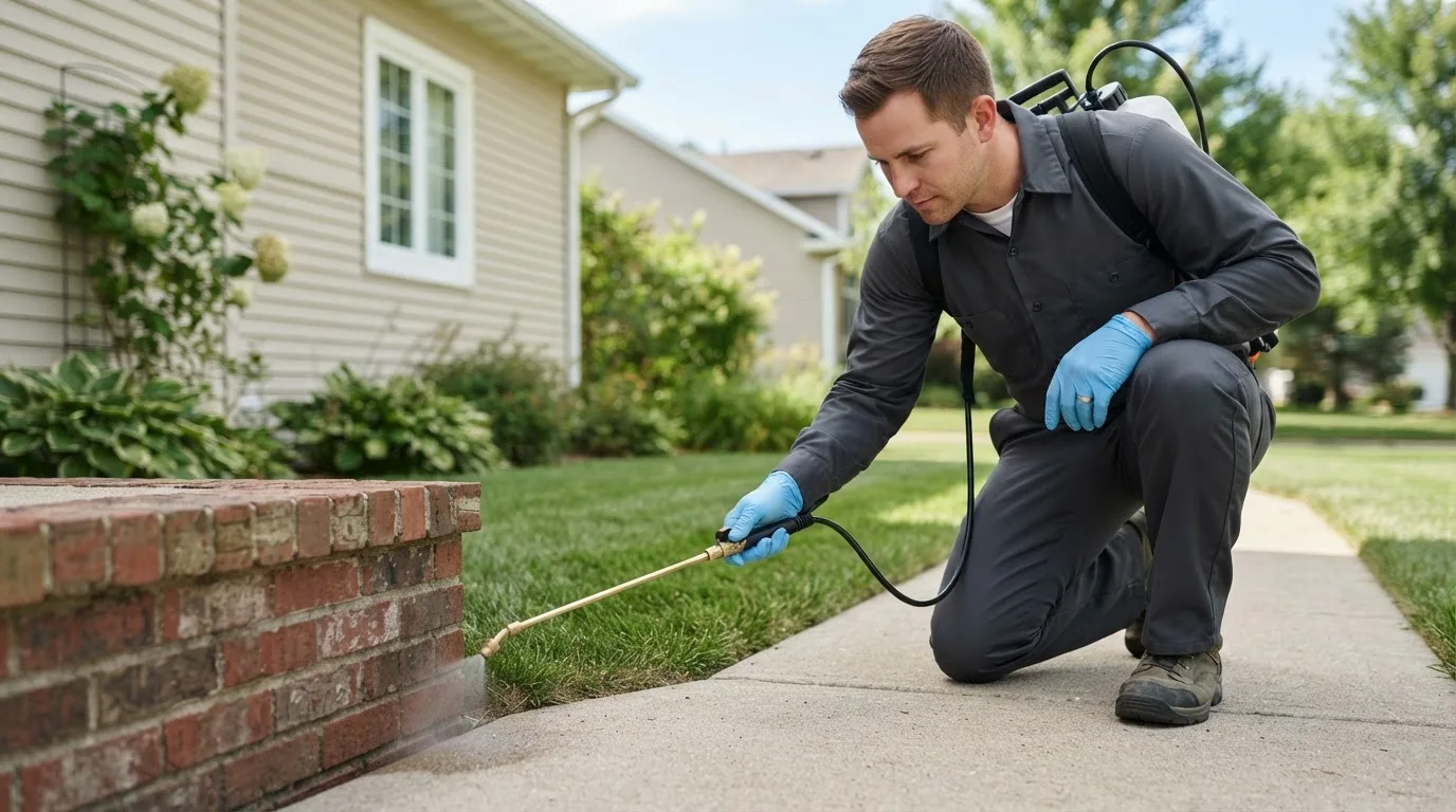 Pest control technician treating a home near Purdon, TX